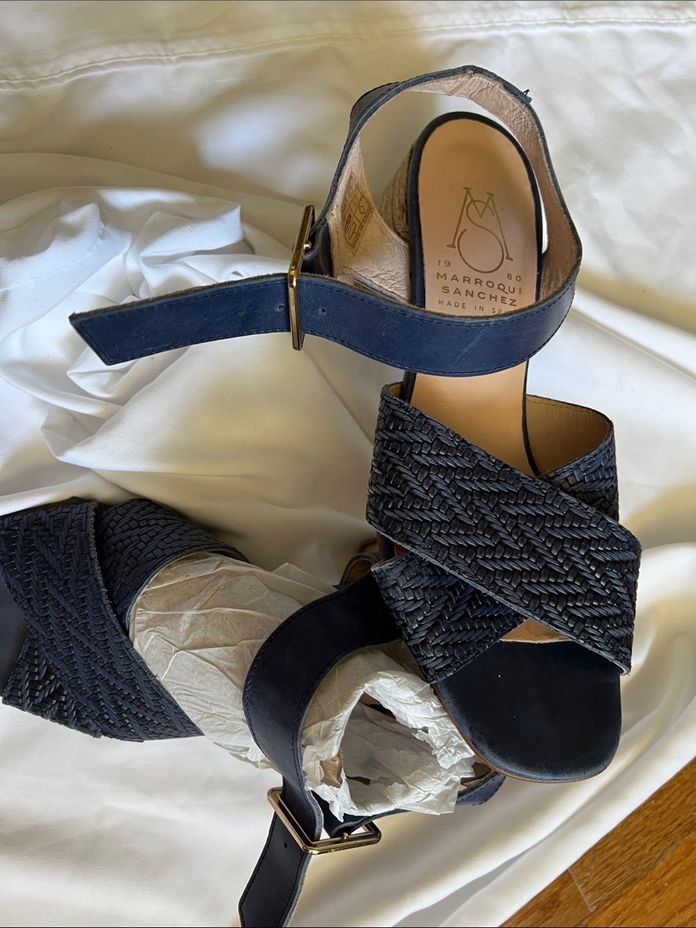 Vaneli Navy Woven Crisscross Wedge Sandals with Ankle Strap